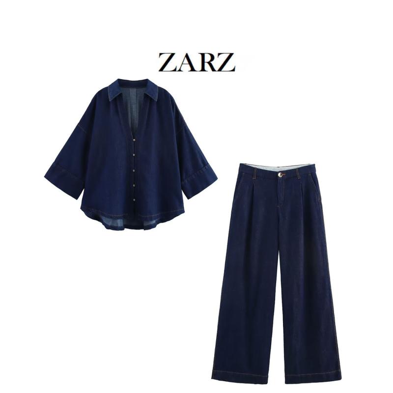 シャツ レディース ワイドスリーブ デニムシャツ デニムパンツ ハイウエスト ジーパン ズボン セットアップ カジュアルスタイル