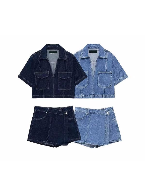 シャツ レディース デニム カジュアル トップス & スカート風パンツ 春夏 アシンメトリー ハイウエスト ポケット 普段使い かわいい