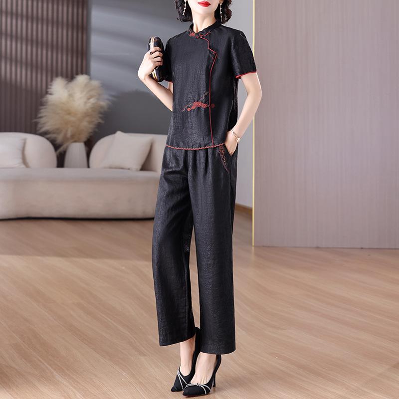 シャツ レディース 桑蚕糸 ブラウス ワイドレッグパンツ 2点セット セットアップ 豪華感 チャイナスタイル 中国風・款式类别: 女式休闲套装・图案: 拼色・流行元素: 口袋・面料名称: 腈纶・主な・主な素材2: 再生セルロース繊維・カラー: ブラックセット・サイズ: L, XL, 2XL, 3XL, 4XL, 5XL・版型: 修身型・セット内容: 2点セット・厚さ: 薄手・着用方法: プルオーバー・着丈: 短め（40cm超～50cm以下）・主な素材の含有量: 95%以上・パンツ丈: 長ズボン・主な素材2の含有量: 30%以下・性別: 女性