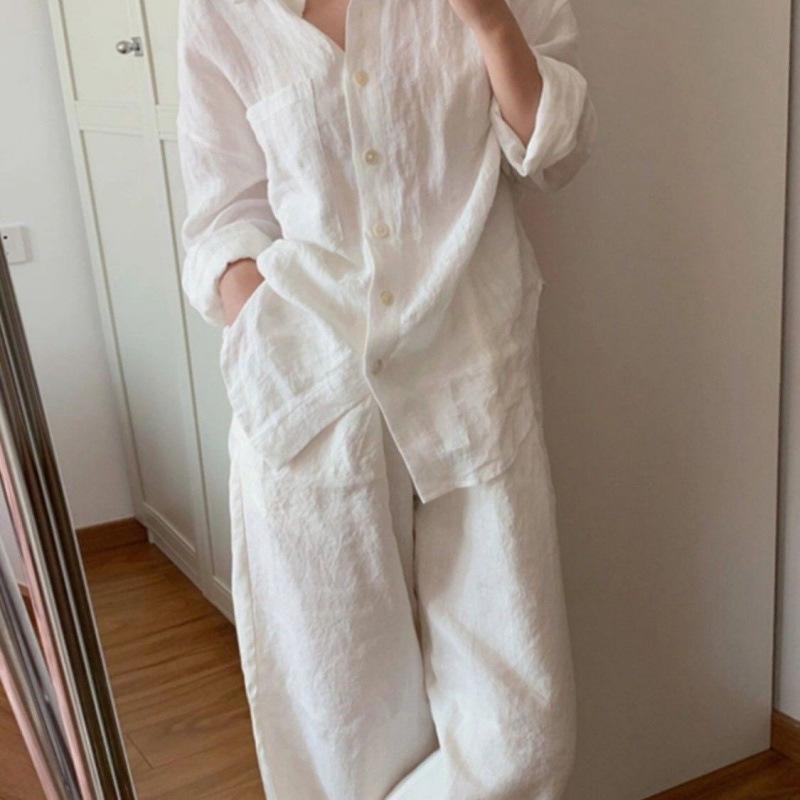 シャツ レディース 春夏 コットンリネン セットアップ 2点セット ブラウス ワイドパンツ ゆったり リラックス カジュアル かわいい トップス ボトムス ホワイト系