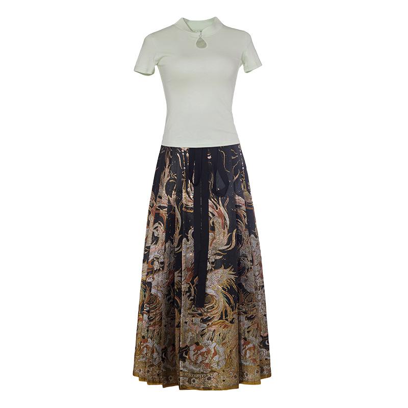 Tシャツ レディース チャイナドレス風 セットアップ 刺繍 トップス 馬面スカート 上下セット エレガント クラシカル 春夏2