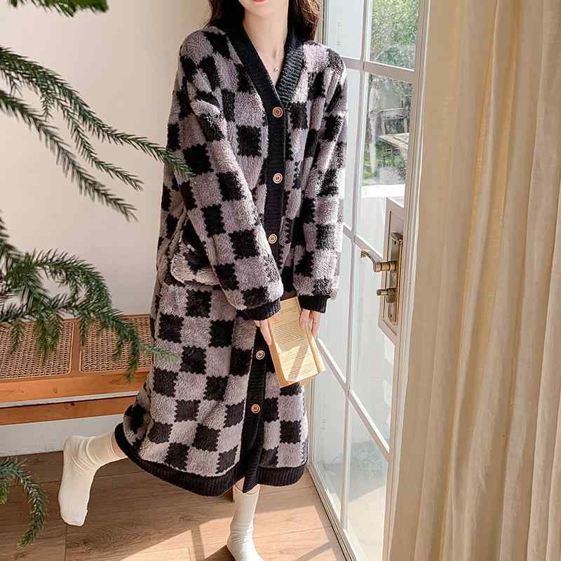 ワンピース レディース ネルシャツ 前開き 厚手 パジャマ 部屋着 寝間着 ルームウェア かわいい 韓国 珊瑚マイヤー あったか 秋冬