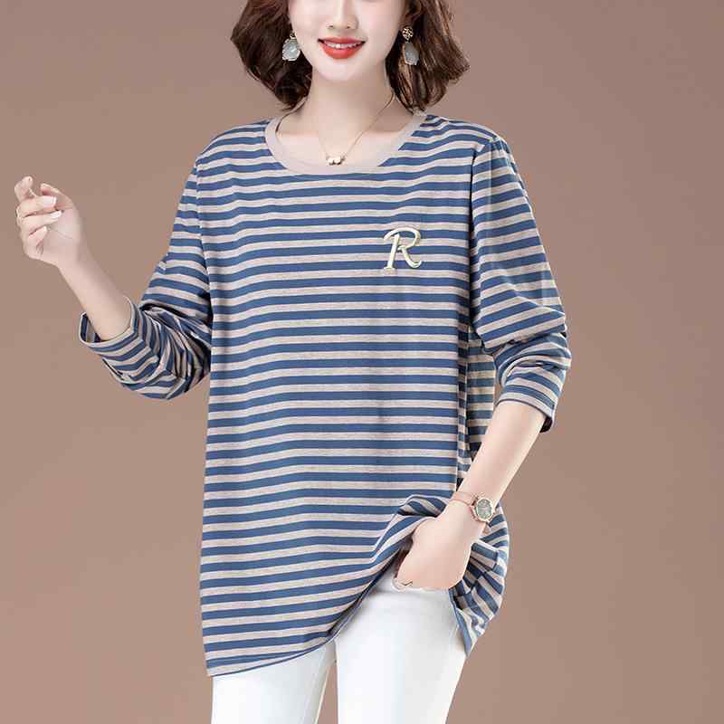 シャツ レディース 長袖 Tシャツ ストライプ 刺繍 トップス カットソー ゆったり 大きいサイズ 体型カバー 普段使い