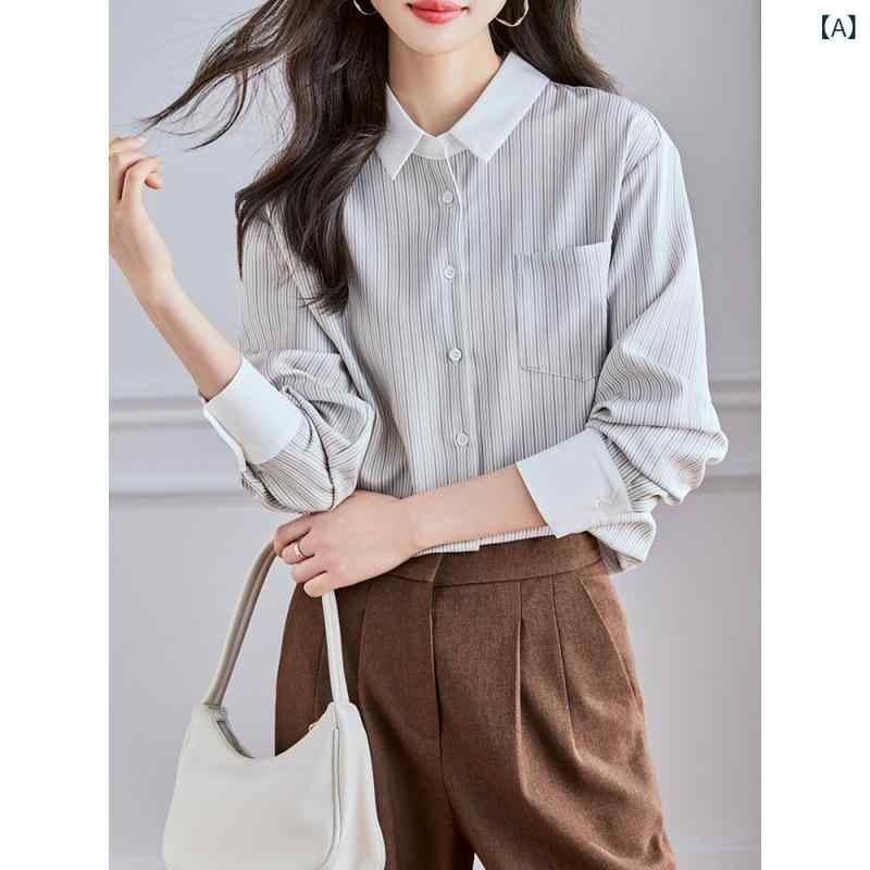 シャツ レディース ストライプ柄 豪華感 長袖 秋 トップス インナー おしゃれ 高見え 着回し 2