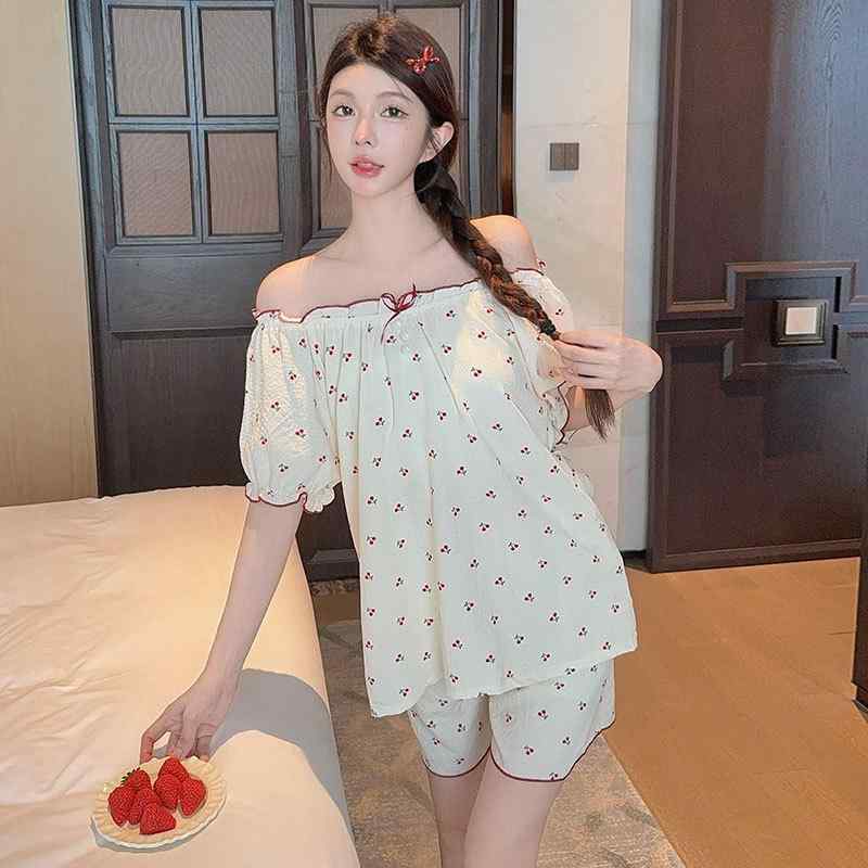 パジャマ レディース 春夏 半袖 かわいい 接触冷感 プリンセス風 ルームウェア 上下セット 部屋着 さくらんぼ柄