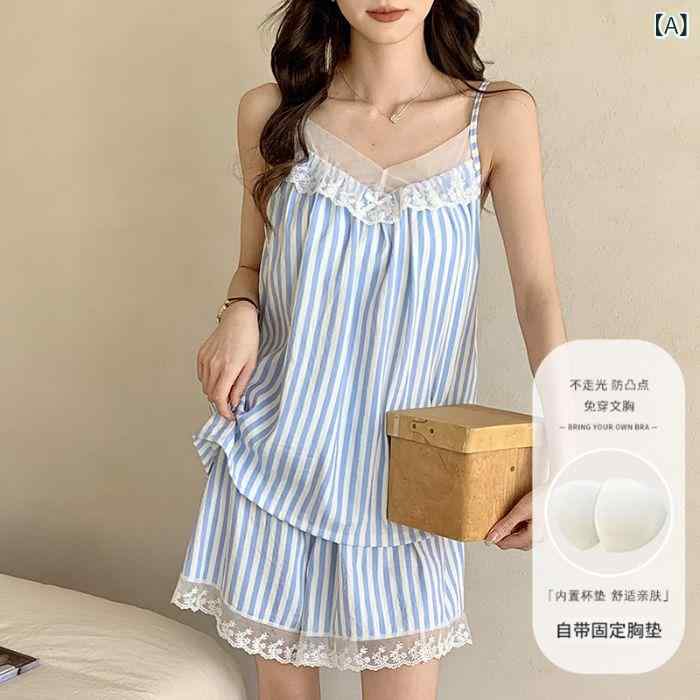 パジャマ レディース ブルー ストライプ キャミソール 接触冷感 部屋着 ルームウェア セットアップ 綿 レース かわいい