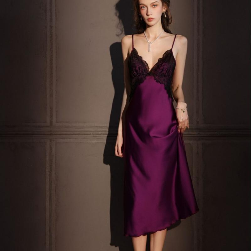 ナイトウェア レディース 接触冷感 薄手 ロング スリップドレス 胸パッド付き ルームウェア 背中開き かわいい