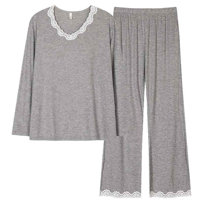 パジャマ レディース 春秋 長袖 レース モダールコットン 大きいサイズ 上下セット 部屋着 寝間着 ルー..