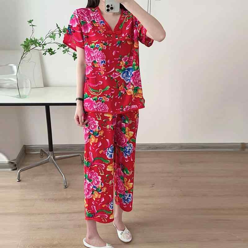 Wear （Sports） - パジャマ レディース 半袖 綿 春夏 接触冷感 人工綿 上下セット ルームウェア 部屋着 唐装 薄手 かわいい