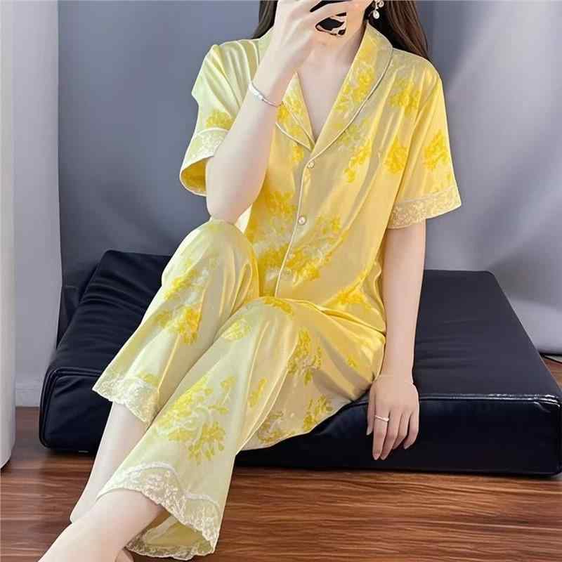 パジャマ レディース 春夏 接触冷感 半袖 長ズボン 上下セット ルームウェア 高級感 薄手 部屋着 かわいい