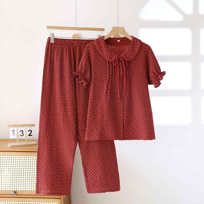 パジャマ レディース 春夏 綿 半袖 長ズボン 上下セット 大きいサイズ ゆったり 部屋着 寝巻き 寝間着 ルームウェア ワインレッド 花柄 薄手 接触冷感 吸湿性 通気性