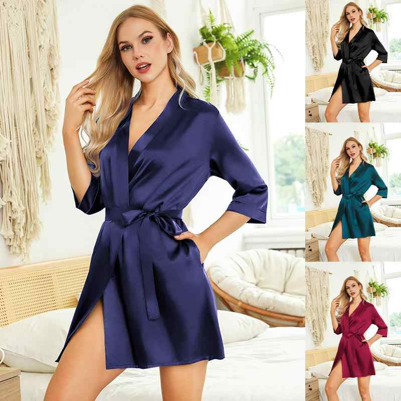 パジャマ レディース 7分袖 シルク風 接触冷感 ルームウェア 浴衣風 春夏 寝巻き ナイトウェア 無地 サテン風 光沢感 涼しい 部屋着 女性用 バスローブ 前開き ウエストリボン