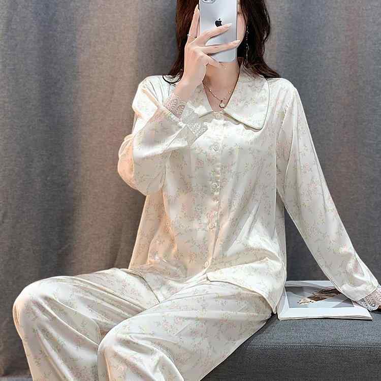 パジャマ レディース 春夏 接触冷感 再生繊維 長袖 花柄 レース 上下セット 部屋着 ルームウェア 高級感
