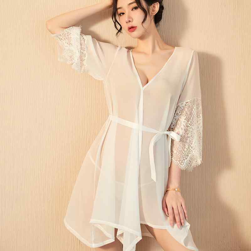 カーディガン レディース 薄手 シースルー 部屋着 ルームウェア 寝間着 ネグリジェ 浴衣風 ショール 羽織り レース袖口 フェミニン かわいい2
