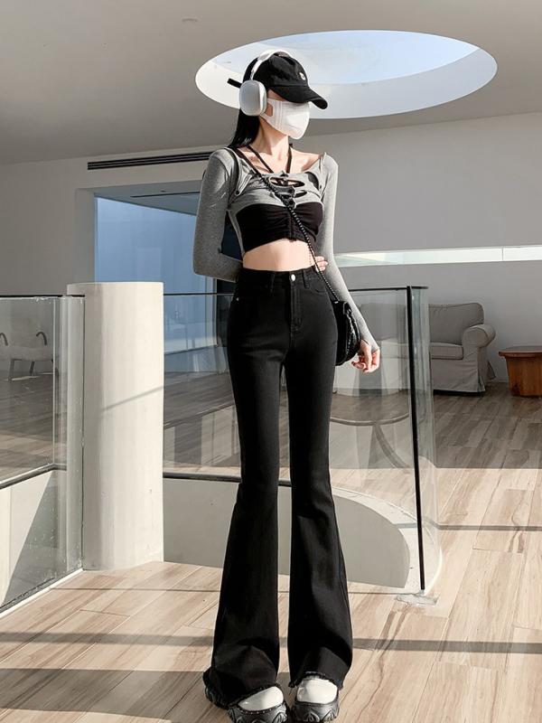 デニム レディース デニムパンツ ジーンズ 黒 高腰 ハイウエスト 美脚 脚長効果 Aライン フレアパンツ ブーツカット ジーパン ズボン パンツ ボトムス