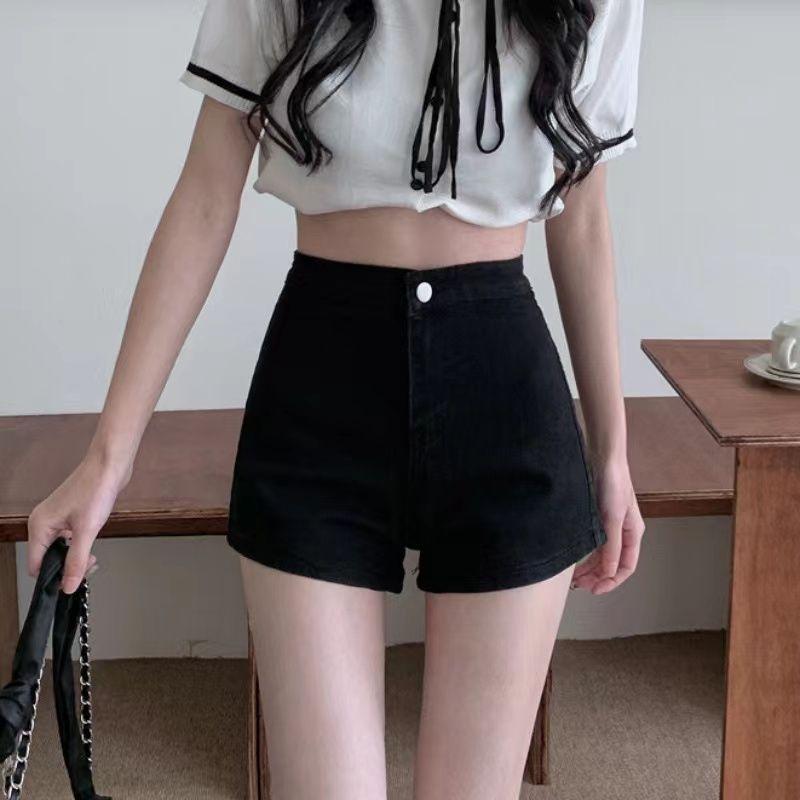 樂天商城 - デニム レディース ハイウエスト ショートパンツ 黒 スキニー ストレッチ 小柄 シンプル 美脚 ホットパンツ