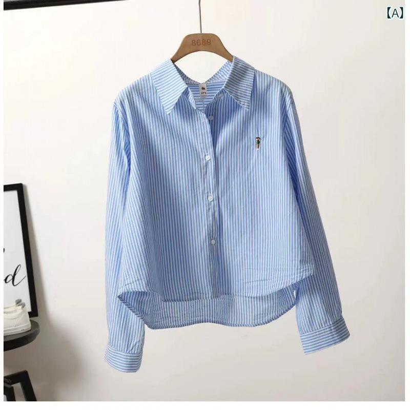 シャツ レディース 春 刺繍 ストライプ 綿 韓国風 ゆったり かわいい おしゃれ 日焼け止め