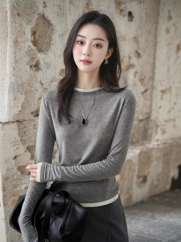 Tシャツ レディース 春秋 レーヨンブレンド クルーネック フェイクレイヤード カットソー ウール混紡 あったか インナー 長袖 おしゃれ かわいい