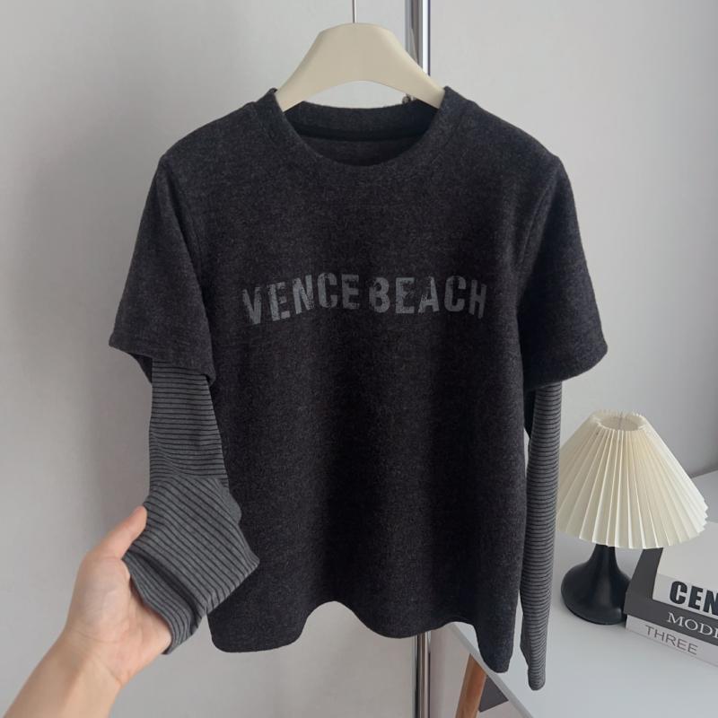 2Tシャツ レディース 兔毛 绒 フェイクレイヤード アルファベット ストライプ 長袖 磨毛 ゆったり スリム インナー トップス