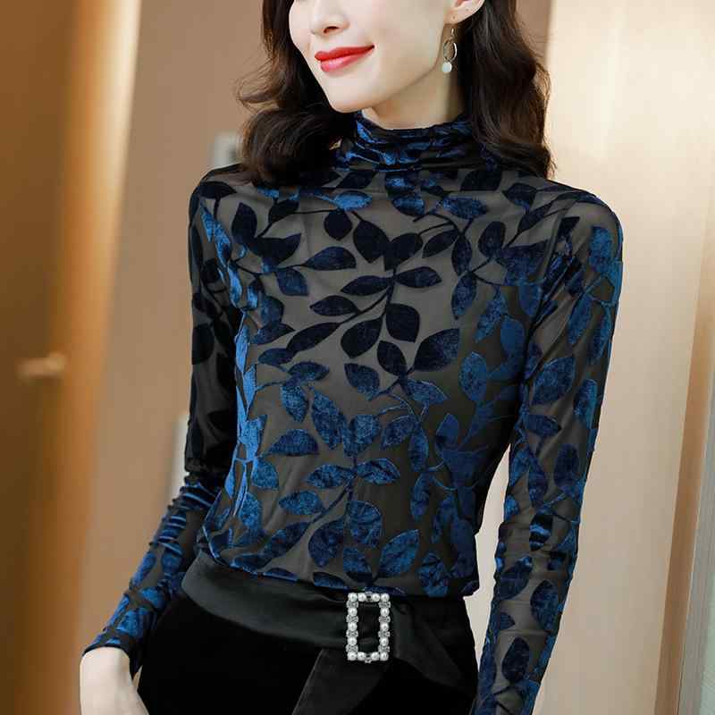 Other - Tシャツ レディース 秋冬 長袖 ハイネック ベルベット チュール 切り替え トップス インナー スリムフィット ストレッチ かわいい おしゃれ