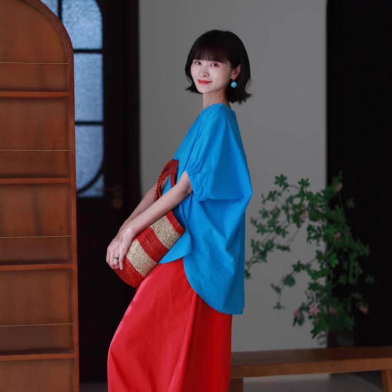 シャツ レディース トップス ブラウス ＆ ワイドパンツ セットアップ 韓国 ドーパミンブルー ゆったり 普段使い