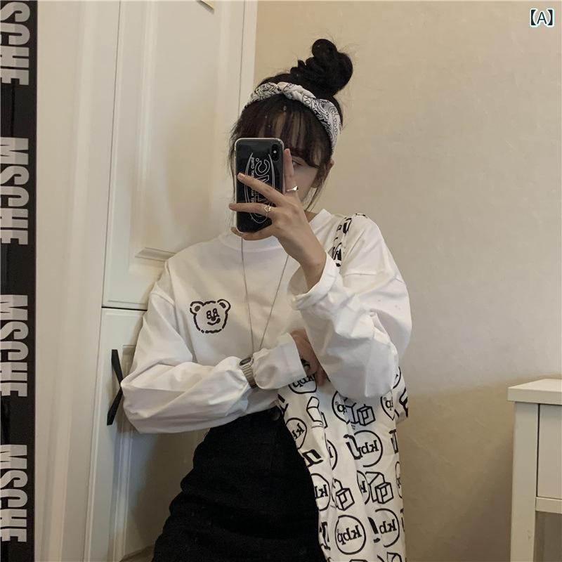 Tシャツ レディース かわいい 小熊 プリント コットン 長袖 トップス ゆったり カジュアル 普段使い インナー 春秋冬・主な素材: 綿・袖丈: 長袖・スタイル: カジュアル・衣長: 普通款(50cm<衣长≤65cm)・ネックライン: ラウンドネック・袖のタイプ: 通常袖・柄: 漫画、カートゥーン・カラー: 長袖 白色 胸口小熊・サイズ: S, M, L, XL, XXL・カテゴリ: Tシャツ