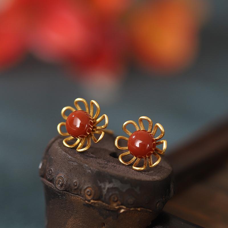 ピアス レディース S925 シルバー 南紅瑪瑙 花柄 レース 小花 かわいい シンプル イヤリング アクセサリー 源泉工場 電気メッキ加工