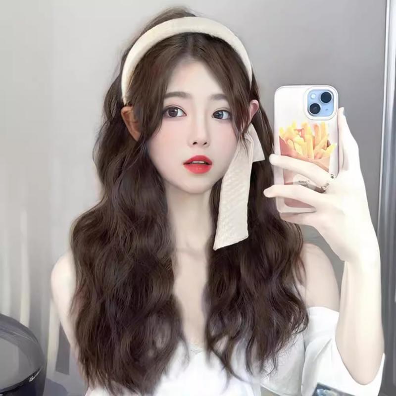 ヘアアクセサリー 女性用ウィッグ ロングヘア レトロ フレンチ 水波紋 カール ハーフウィッグ ヘアバン..