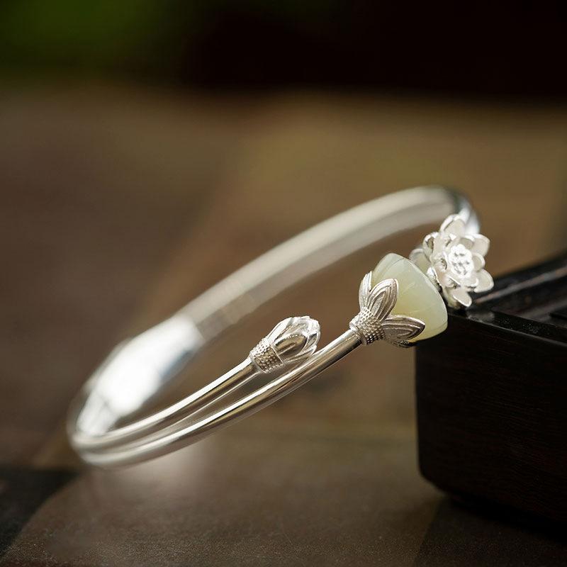 Jade - ブレスレット レディース 和田玉風 蓮の花 镀银 古風 バングル レトロ アジアン エスニック シルバー アクセサリー2