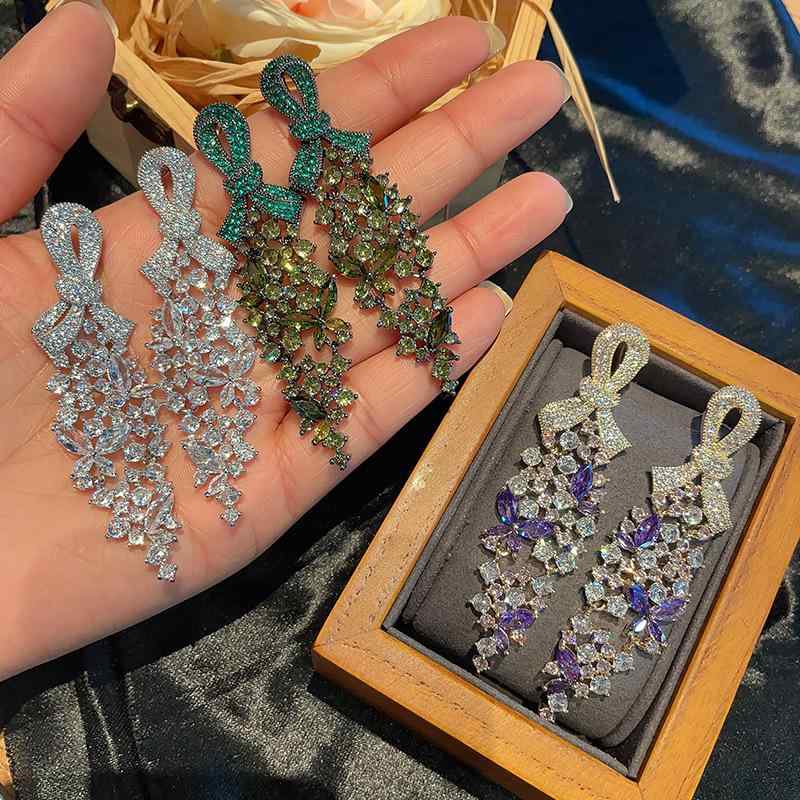 Demantoid - ピアス レディース シルバー925 蝶結び リーフ ジルコニア イヤリング 豪華感 ジュエリー ブライダル パーティー カラフル