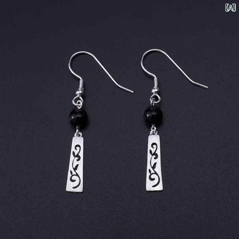 イヤリング レディース s925 シルバー レトロ ヴィンテージ風 ブラック瑪瑙 アゲート 透かし彫り 唐草..