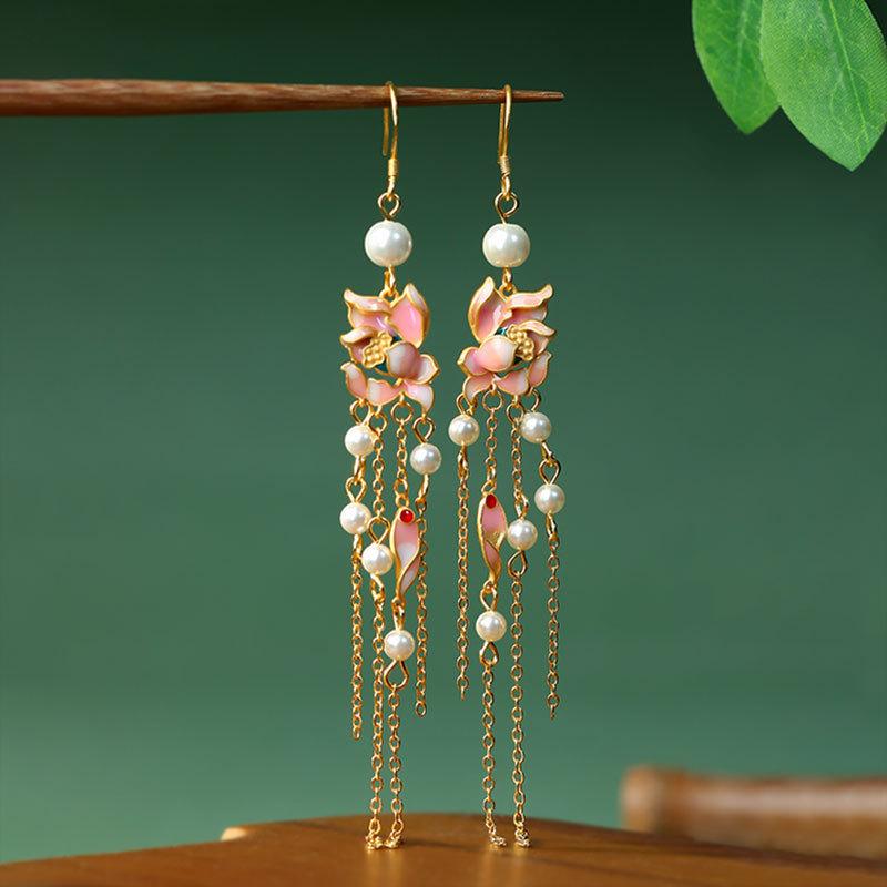 Freshwater Pearl - ピアス レディース シルバー925 中国風 手作り 琺瑯 繁花 ジルコニア 古風 流蘇 パール イヤリング 耳飾り アクセサリー