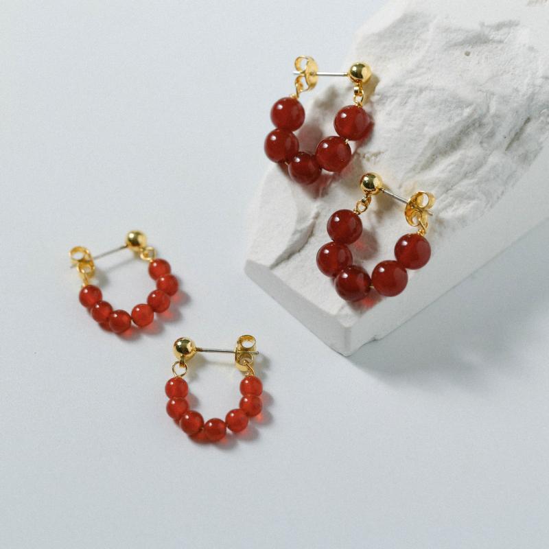 Cubic Zirconia - イヤリング レディース ラウンド 赤瑪瑙 瑪瑙 ジルコニア スタッドピアス 電気メッキ加工 アクセサリー ジュエリー おしゃれ かわいい