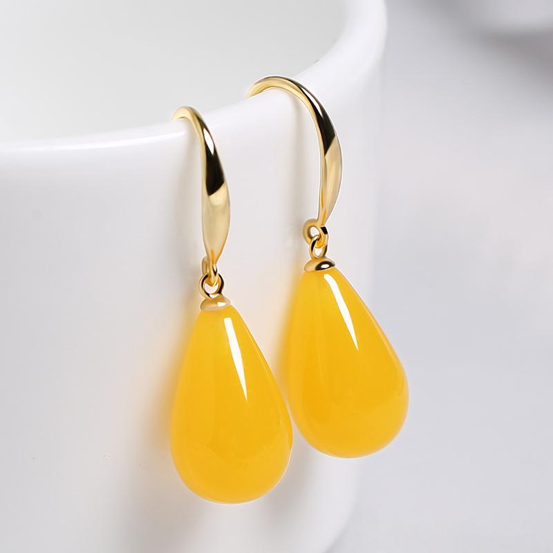 Cubic Zirconia - イヤリング レディース 琥珀 18K 金 血珀 925 シルバー レトロ チキンオイルイエロー アンティーク風