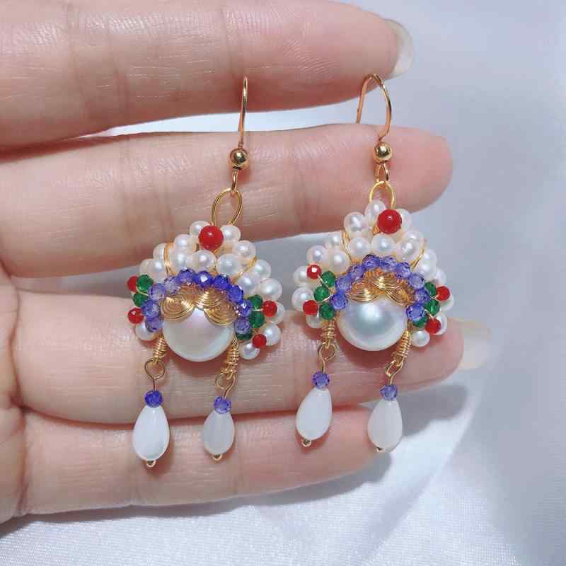 イヤリング レディース 淡水パール 個性的 手作り タッセル 花旦 刀馬旦風 顔モチーフ 国粋 おしゃれ ..