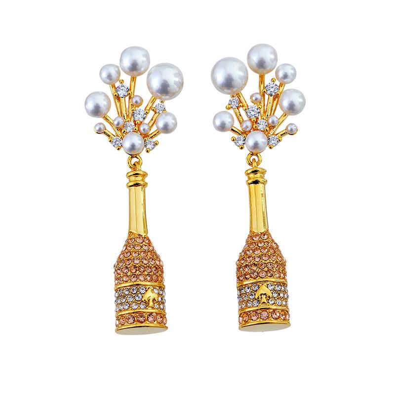 Body Earrings - ピアス レディース ゴールドメッキ シャンパンボトルモチーフ ジルコニア パール キラキラ かわいい おしゃれ アクセサリー