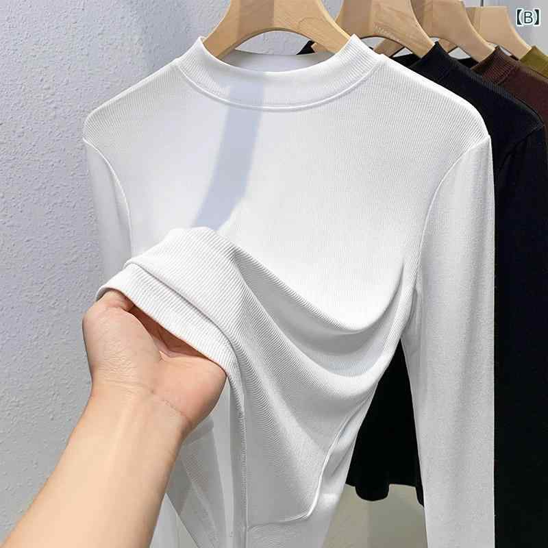 Tシャツ レディース 秋冬 モダール 半ハイネック インナー 大サイズ 長袖 Tシャツ ミドルネック 修身 上着 肌着