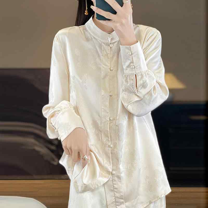 シャツ レディース 春夏 サテン 立ち襟 ブラウス トップス 絹 暗花柄 エレガント 上品