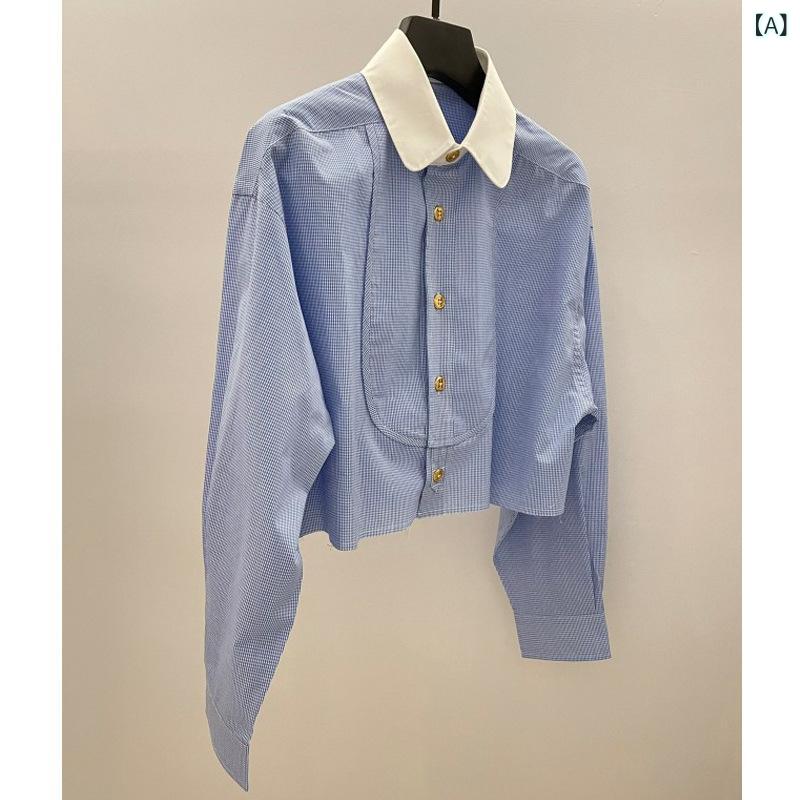 シャツ レディース 春季 ブルー 青 襟付き ショート丈 トップス かわいい おしゃれ