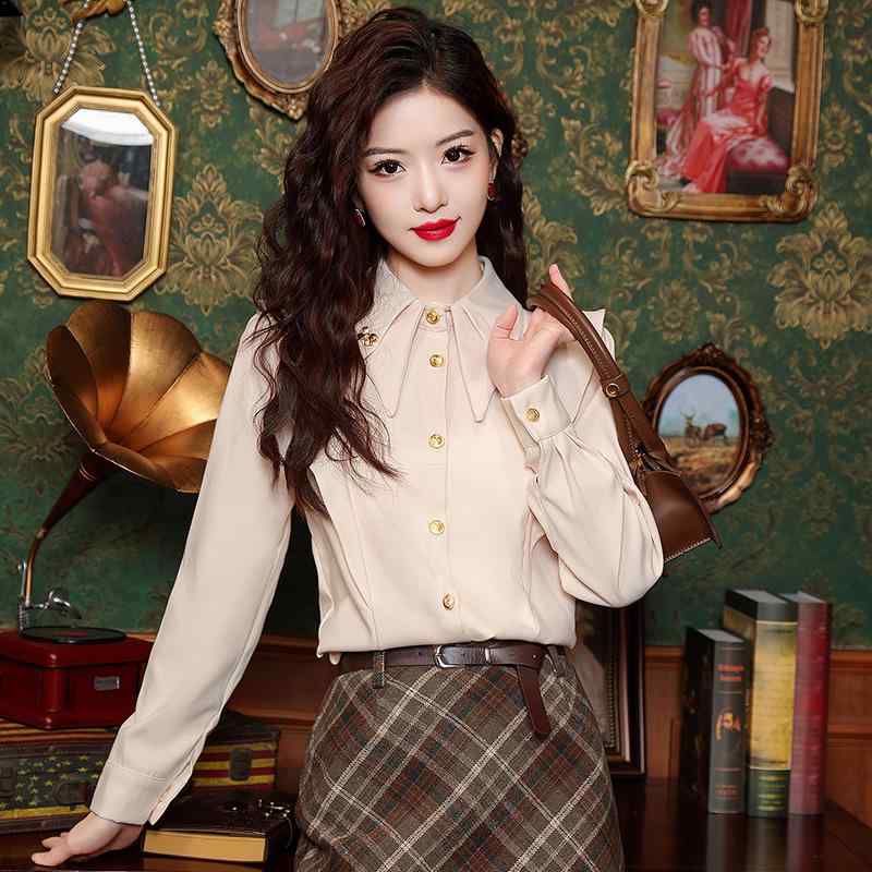 シャツ レディース 春秋 長袖 レトロ おしゃれ トップス 赤 カットソー ブラウス きれいめ 上品(3.0)