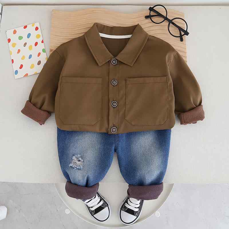 シャツ キッズ 男の子 子供服 長袖シャツ 無地 デニムパンツ セットアップ 秋服 春...