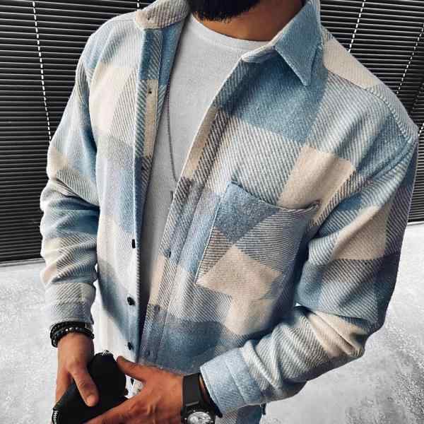 シャツ メンズ 男性用 長袖 ブルー系 チェック柄 ネルシャツ カジュアル 立襟 ポケット付き 普段使い 通勤・面料名称: 聚酯纤维・风格: 轻熟休闲・款式: 开衫・版型: 宽松型・领型: 立领・袖丈: 長袖・柄: 格子・・主面料成分: 聚酯纤维（涤纶）・主面料成分の含量: 70%・カラー: 画像色, 画像色10, 画像色3, 画像色13, 画像色8, 画像色5, 緑, 深棕色・サイズ: S, M, L, XL, XXL, XXXL・適合シーズン: 秋・製品カテゴリ: シャツ・材質機能: -・淘货类别: 时尚都市（24-35歳）・款式细节: 印花・適合対象: ・工艺: 免烫处理・适用年龄段: 成人・适用性别: 男