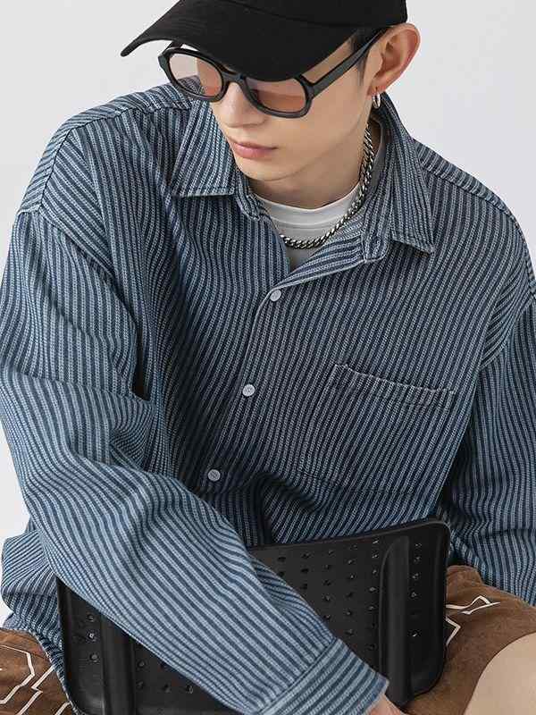 シャツ メンズ 男性用 日系 レトロ ストライプ 長袖 シャツ 秋 アウトドア カジュアル ブルー ワーク ウェア アウター