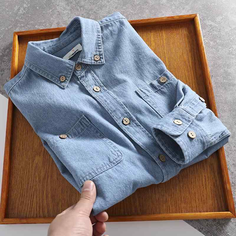 Other - シャツ 男性用 デニム 長袖 ウォッシュ加工 ワークシャツ 多ポケット カジュアル 春秋