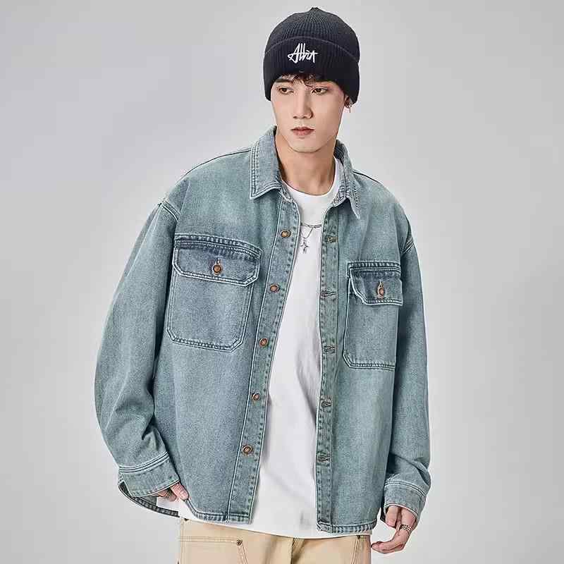 シャツ 男性用 長袖 デニム トップス ベーシック 普段使い 羽織り ライトアウター スプリングコート 春秋 レトロ ヴィンテージ