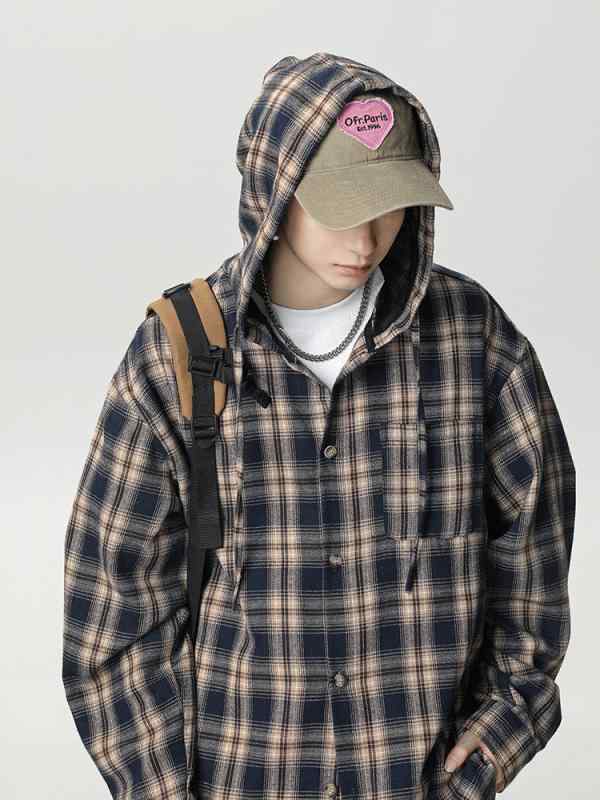 シャツ メンズ 男性用 長袖 チェック柄 フード付き カジュアル ゆったり 羽織り スプリングコート ライトアウター アメカジ レトロ 切り替え 春夏