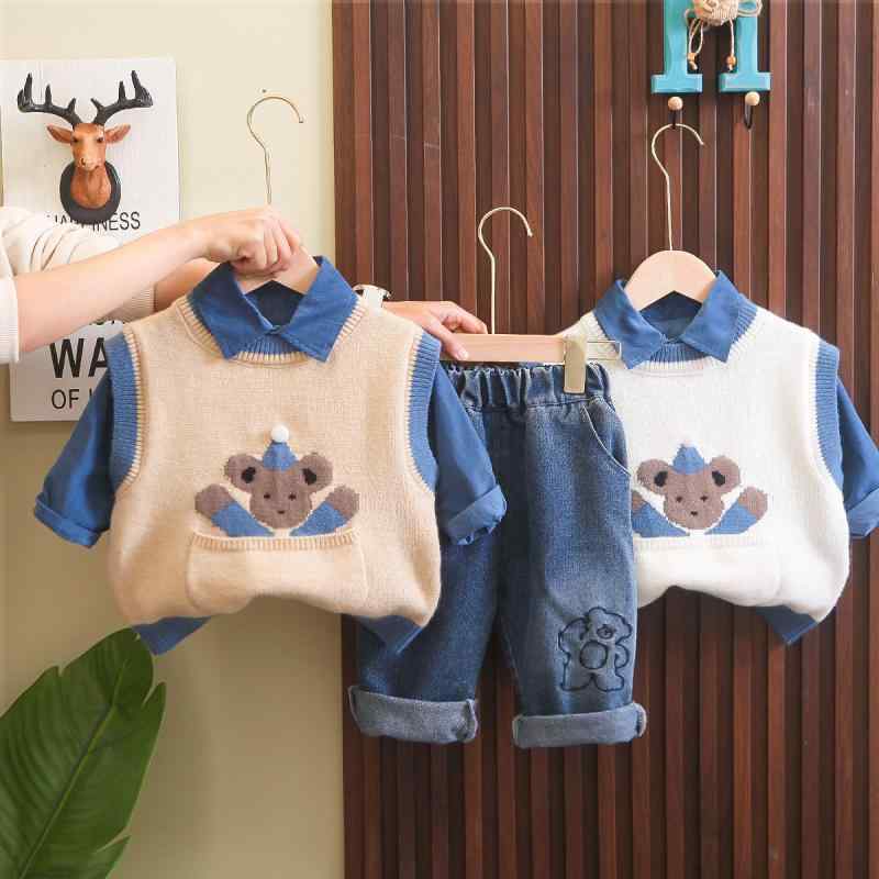子供服 ニットベスト シャツ デニムパンツ 3点セット 男の子 春秋 子供 かわいい おしゃれ(4.0)