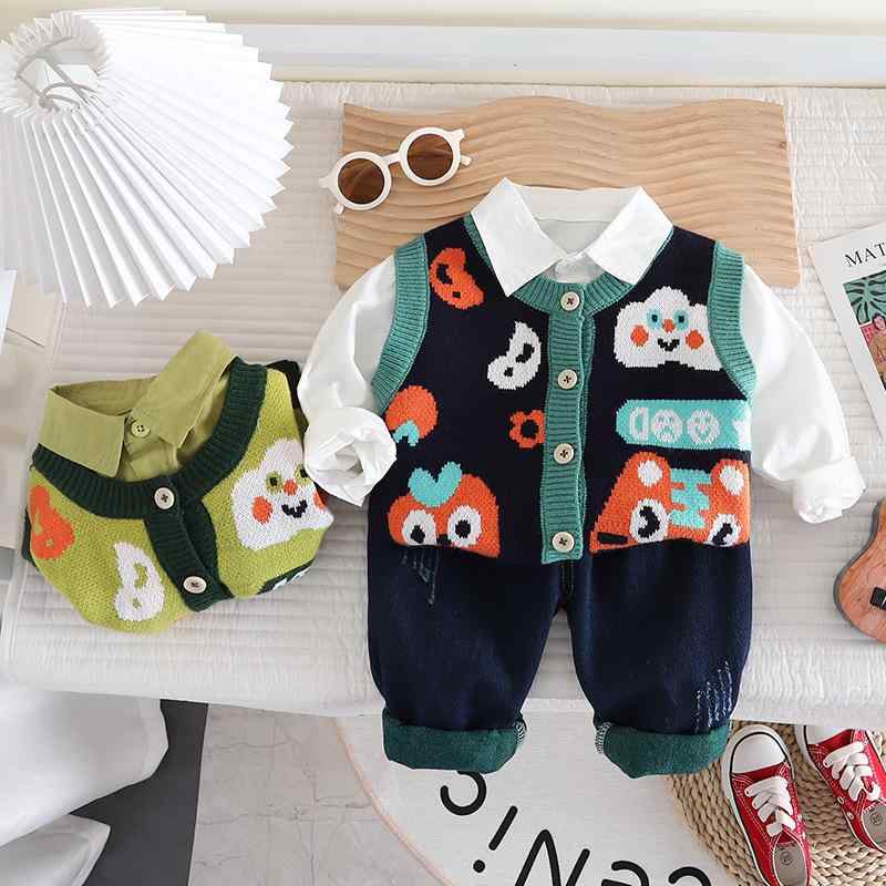乐天商城 - ニット ベスト 子供服 男の子 3点セット 長袖シャツ付き かわいい おしゃれ 韓国 幼児 園児 トップス カットソー