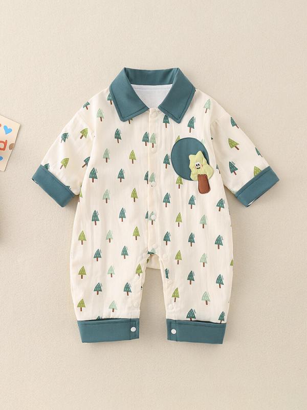 ロンパース ベビー服 男の子 長袖 シャツ 新生児 秋 春 綿 前開き 幼児 かわいい 小樹柄 カートーン柄 ..