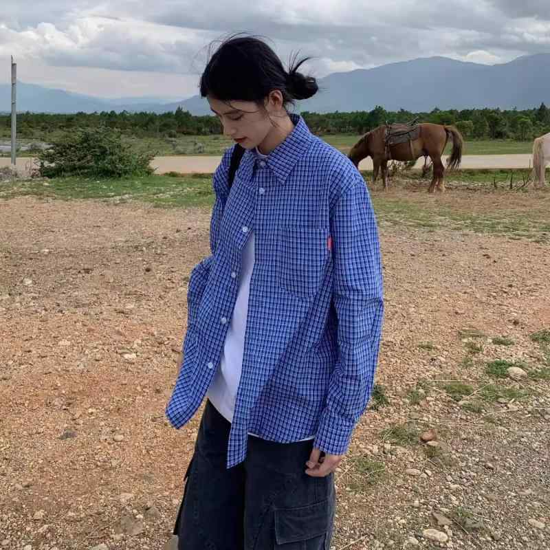 シャツ 男女兼用 チェック柄 長袖 レトロ トップス カジュアル 普段使い ゆったり 春秋 ブルー